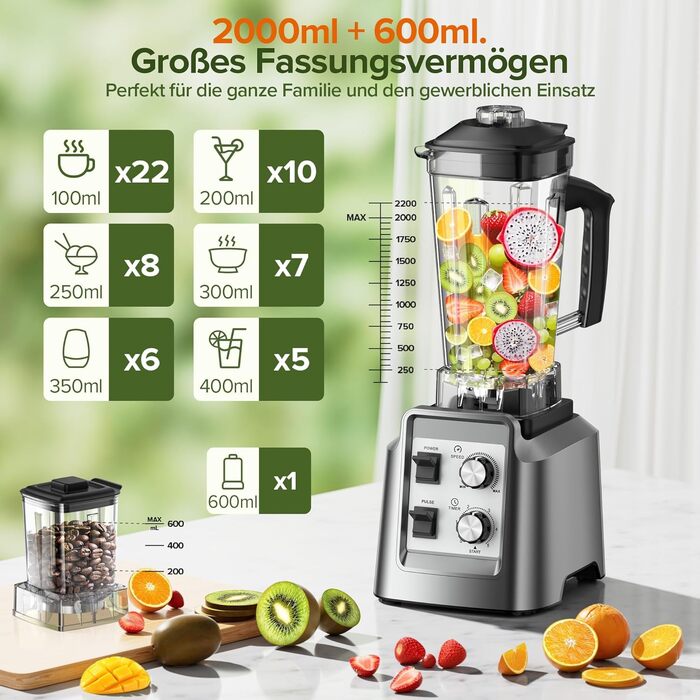 Блендер Teendow Standmixer 1800W зі скляною колбою 2л + кавомолка 600мл, срібний. Для смузі, льоду та заморожених фруктів, без BPA