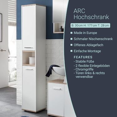 Високий шафа BadeDu ARC для ванної, 30x177x28 см, білий/дуб, вузький, з хромованими ручками, дерев'яний