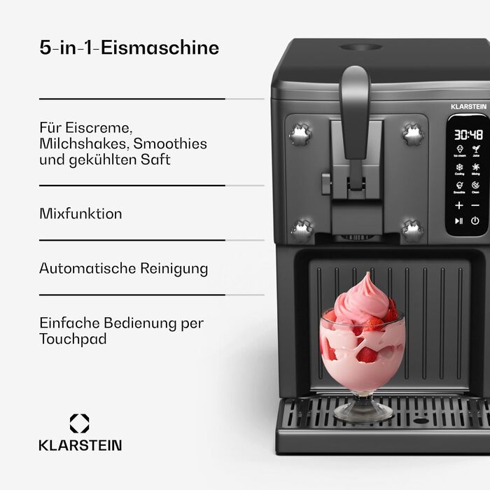 Морожениця Klarstein SweetSwirl 3-в-1: для морозива, молочних коктейлів та смузі, 1.5 л, сенсорний дисплей, режим підтримки температури, чорний колір