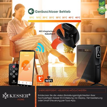 Електричний конвектор KESSER ECO 2500Вт з WiFi, термостатом, сенсорним дисплеєм, таймером, чорний, енергоощадний радіатор з додатком та пультом ДУ