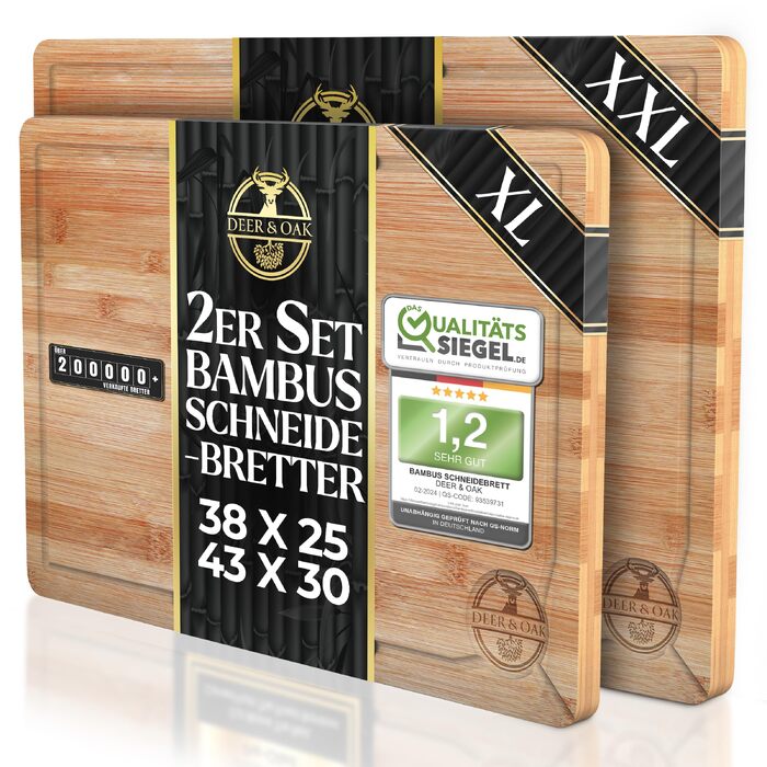 Набір дощок для нарізання Deer & Oak з бамбука XXL та велика (43x30 & 38x25 см) - для м'яса, овочів, професійні, попередньо оброблені олією
