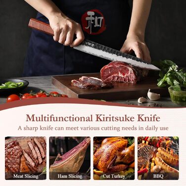 Професійний японський ніж Kiritsuke HEZHEN 21,5 см, кухонний ніж із тришарової дамаської сталі з восьмигранною ручкою з червоного дерева та дерев'яним чохлом