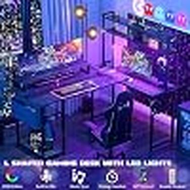 Ігровий L-подібний стіл Aheaplus з LED-підсвіткою, розетками, підставкою для монітора та полицею, кутовий комп'ютерний стіл для дому та офісу (Чорний дуб)