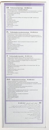 Фен для волосся ProfiCare з іонізацією 2200 Вт, легкий дорожній, 3 режими потужності, 2 швидкості, холодне повітря, дифузор і насадка, чорний, PC HTD 3113