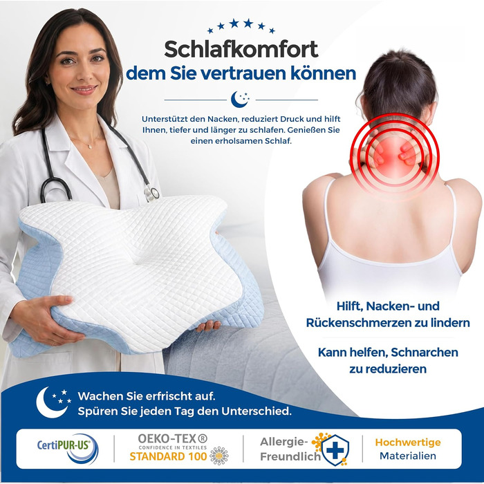 Ортопедична подушка для шиї та голови Premium Memory Foam у формі метелика, ергономічна подушка з ефектом пам'яті для сну на боці та спині, зі знімним чохлом (Sky Breeze Blue)