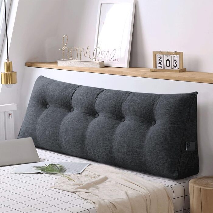 Подушка трикутна для спини OHMG 160x50x20 см темно-сіра з кишенею, для ліжка та дивана, знімний чохол