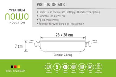 Сковорода Woll Nowo Titanium 28x28 см, квадратна, алюмінієва, антипригарна, для всіх плит, з 2 ручками, індукційна, підходить для духовки, чорна