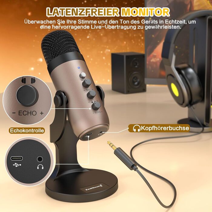 Zealsound USB мікрофон K66 Gold для ПК, смартфонів, PS4/5, конденсаторний, з шумозаглушенням, кнопкою вимкнення та ехоефектом, для ігор, запису, стрімінгу, YouTube, сумісний з Mac та Windows
