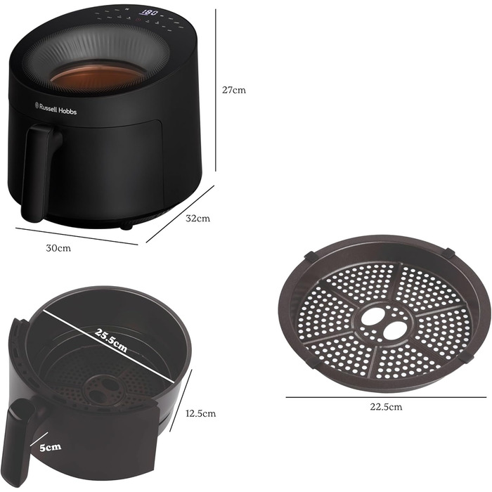 Аерофритюрниця Russell Hobbs SatisFry Panoramic 5 л, 10 програм, з оглядовим вікном, без олії, для фритюру, грилю, запікання, до 200°C, чорна, модель 27420-56