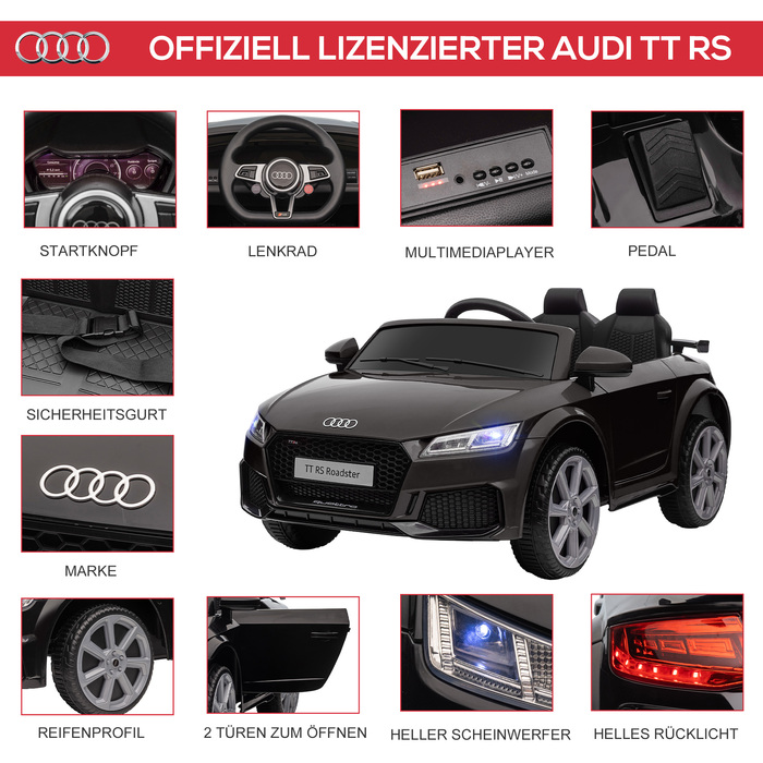 Електромобіль Kinder Audi з пультом дистанційного керування 2.4G, музикою, звуком клаксона, LED-підсвічуванням, USB-роз'ємом, для дітей 3-5 років, чорного кольору.