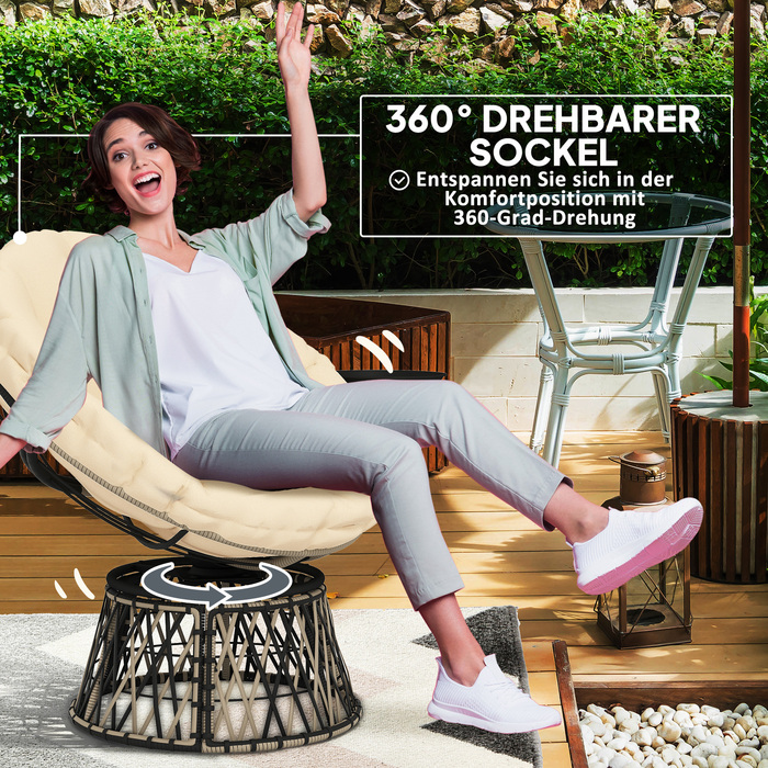 Крісло Outsunny Papasan Ротанг 360° Поворотне плетене крісло з подушкою Діаметр 90 см Кругле зовнішнє ротангове крісло Поворотне крісло Крісло для відпочинку Крісло для відпочинку Крісло для вітальні Сад Балкон бежевий