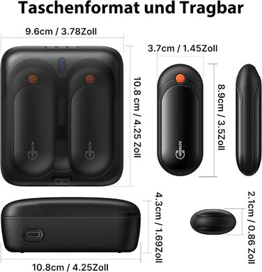 Електричні грілки для рук J-BRAUV 2 шт. з акумулятором 4000mAh, зарядний бокс 10000mAh, 3 режими нагріву, USB, чорний, кишеньковий