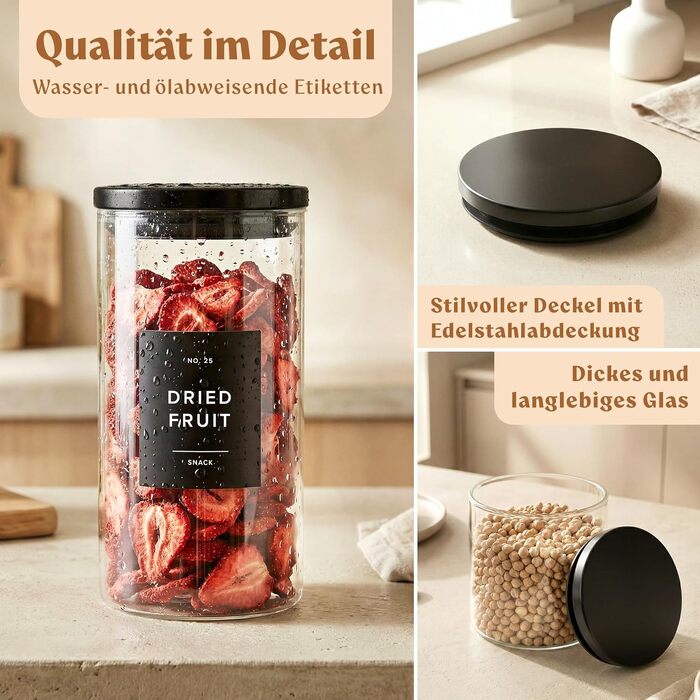 Набір скляних контейнерів для продуктів EDELHAUS з чорними кришками (5 шт.), органайзер для кухні з 54 етикетками для борошна, цукру, кави та чаю (2000мл, 1400мл, 650мл)