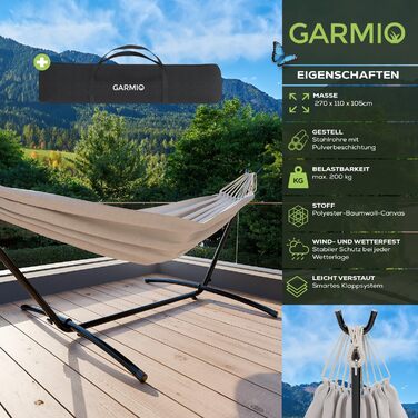 Гамак GARMIO бежевий зі сталевим стійким каркасом 270 x 110 x 105 см, навантаження до 200 кг, складаний, для саду та балкона, з сумкою для перенесення