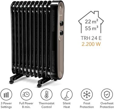 Масляний радіатор TROTEC TRH 24 E, електричний обігрівач 2200 Вт, 11 секцій, з 3 рівнями потужності (1000/1200/2200 Вт), енергоощадний