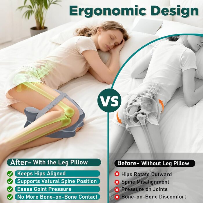 Ортопедична подушка між колін Dioxide для сну на боці з ефектом пам'яті (Memory Foam) для зняття болю в попереку, стегнах та суглобах, знімний чохол, темно-сіра