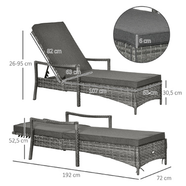 Outsunny Sun Lounger Ротанговий шезлонг Садовий шезлонг з регульованим чохлом на подушці сірий 192x62.5x52.5см для тераси та балкона
