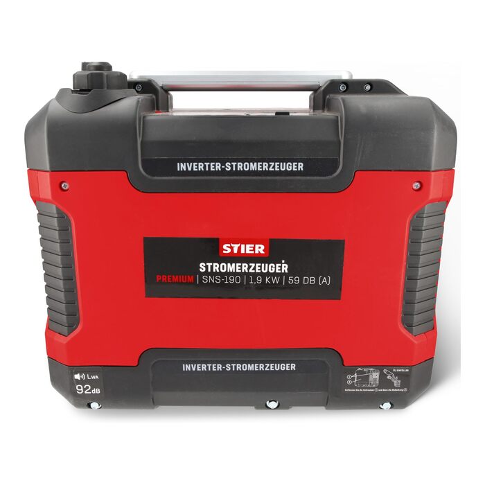 Генератор STIER SNS-190 Premium: бензиновий інверторний генератор, 4 л, 6 годин роботи, тихий (59 дБ), 4-тактний двигун, датчик масла, Eco-режим