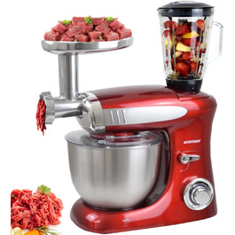 Кухонна машина Syntrox Deluxe 1300 Вт, міксер і м’ясорубка, багатофункціональний кухонний комбайн з насадками, червоний