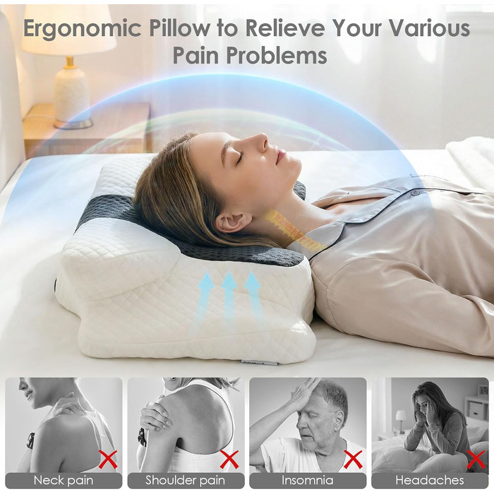 Ергономічна ортопедична подушка для шиї з ефектом пам'яті (Memory Foam), регульована висота, для сну на боці, спині та животі, 63x42 см (Білий + Чорний)