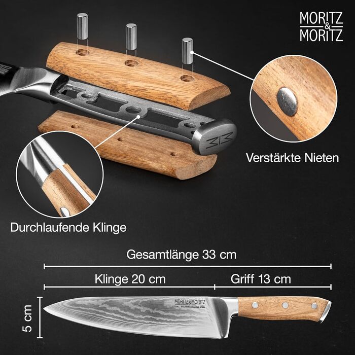 Ніж кухарський Moritz & Moritz Damastmesser 20 см - професійний ніж з дамаської сталі 67 шарів - кухонний ніж з ергономічною ручкою з акації