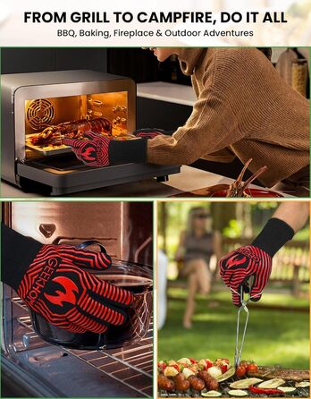 Термостійкі рукавички для грилю GEEKHOM 800°C, EN407, 35,6 см, професійні кухонні рукавиці для барбекю, каміна, випічки (червоні)
