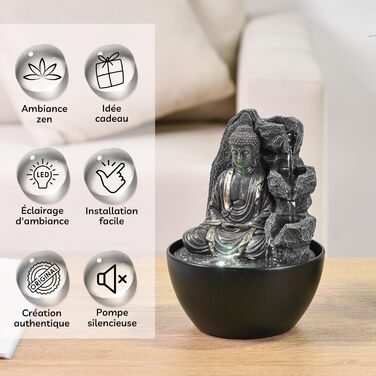 Декоративний кімнатний фонтан Будда з LED-підсвіткою, водоспад, Zen Feng Shui, Revata Zen'Light, 18 см – подарунок для дому, талісман на удачу