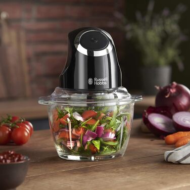 Подрібнювач овочів та фруктів Russell Hobbs Zerkleinerer Mini електричний (500 мл, чорний). Подрібнювач для м'яса, мультиподрібнювач з скляною ємністю та кришкою для зберігання