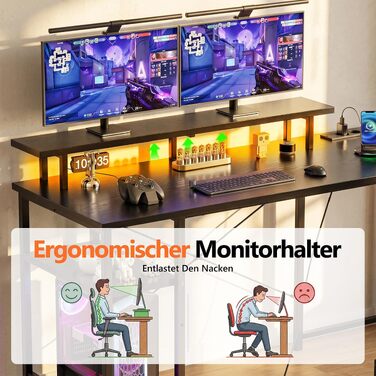 Кутовий ігровий стіл YOUDENOVA L-подібний з LED-підсвіткою, 4 шухлядами, розеткою та полицею для монітора, чорний, 142x107 см