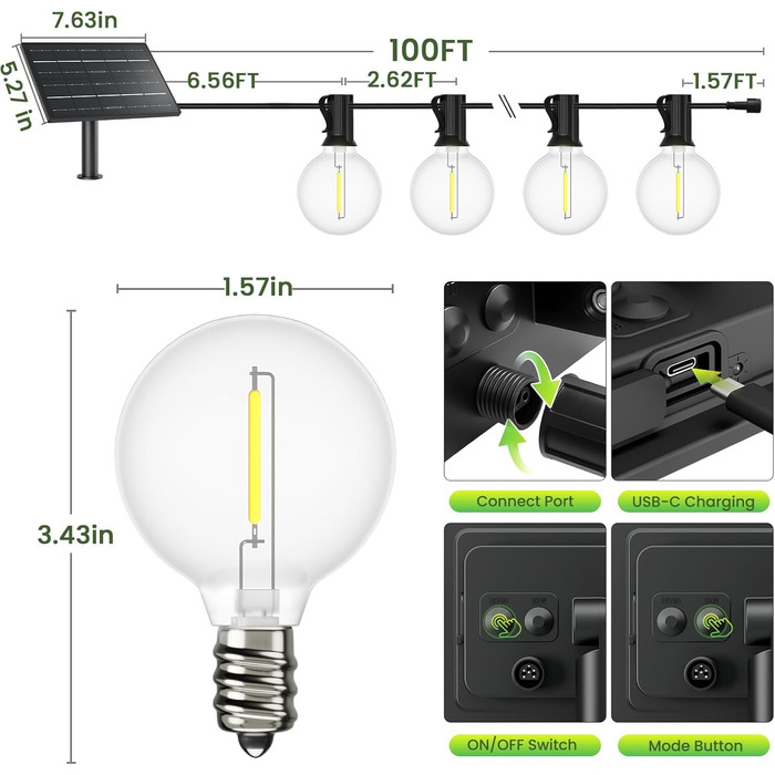 Гірлянда вулична електрична 45м, 150 LED ламп G40, тепла біла, IP44, для саду, тераси, весіль, вечірок, 24V (Солярна - 30м)