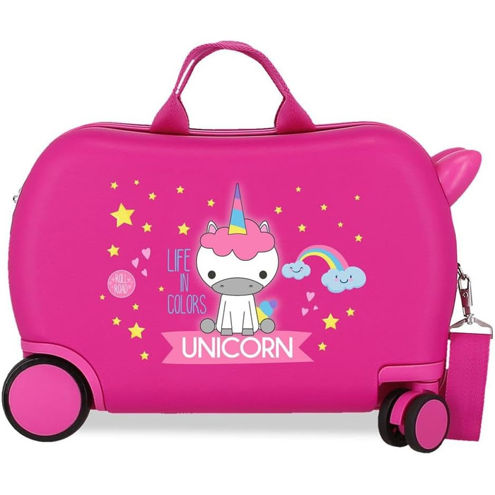 Дитяча валіза ROLL ROAD Little Me Unicorn, рожева, 45×31×20 см, жорсткий ABS-пластик, 24,6 л, 1,8 кг, 4 колеса, ручна поклажа, для дітей, єдиноріг