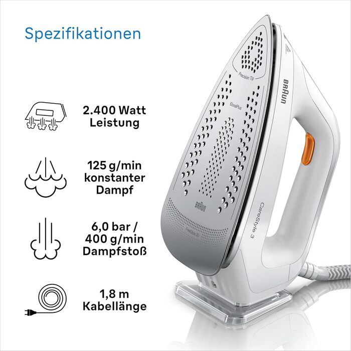 Парова станція Braun CareStyle 3 IS 3132 WH з підошвою FreeGlide 3D, тиск 6 бар, резервуар 2 л, 2400 Вт, білий/помаранчевий