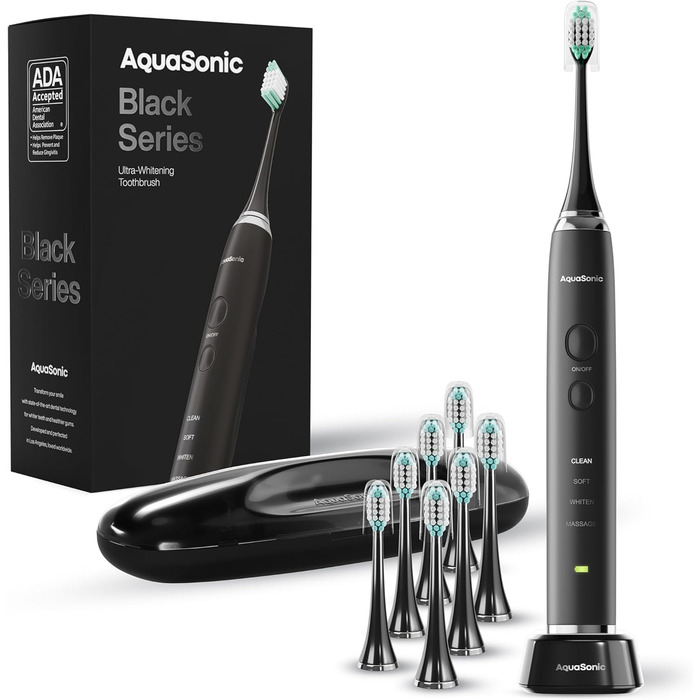 Електрична зубна щітка Aquasonic Black Series Ultra - 8 насадок, кейс, бездротова зарядка, 4 режими, таймер