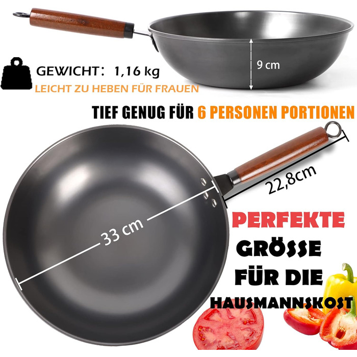 Wok-сковорода DIIG 33 см з кришкою, вуглецева сталь, антипригарна, для індукції, з дерев'яною лопаткою