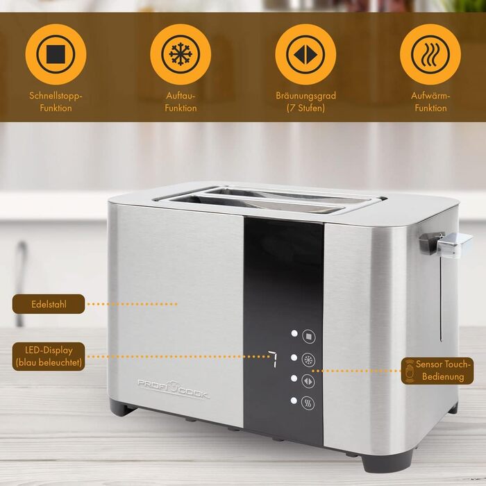 Тостер ProfiCook 2-складовий, нержавіюча сталь, 850 Вт, широкий слот, знімна насадка для булочок, 7 режимів підсмажування, сенсорне управління, лоток для крихт, PC-TA 1250