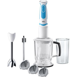 Блендер Braun MultiQuick 5 Vario MQ 5260WHBL, 1000 Вт, з нержавіючою насадкою та спіральною теркою, біло-синій, набір насадок