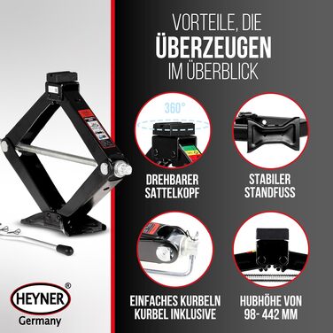 Ножичний домкрат HEYNER на 2 тонни, висота підйому 320-442 мм, сертифікований TÜV