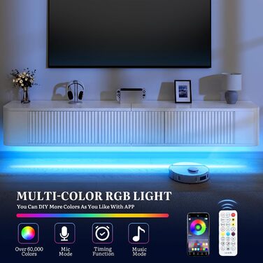Підвісний TV-тумба YITAHOME 140 см з RGB LED підсвіткою, біла глянцева медіаконсоль для вітальні та спальні (180x25x20 см)