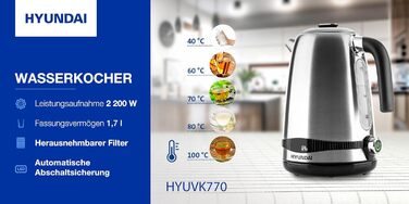 Електрочайник HYUNDAI VK 770 з нержавіючої сталі, 1.7 л, 2200 Вт, 7 температурних режимів, підтримка тепла