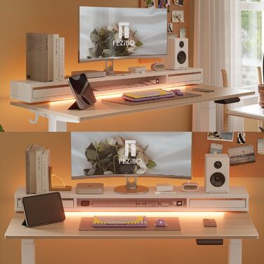 Електричний регульований стіл FEZIBO з 2 шухлядами та LED-підсвіткою, 120x60 см, чорний, з пам’яттю положень, для домашнього офісу, антиколізійна система