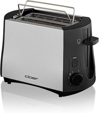 Тостер Cloer 3410, 825 Вт, для 2 тостів, з підставкою для булочок, функція додаткового підйому, піддон для крихт, матовий теплоізольований металевий корпус