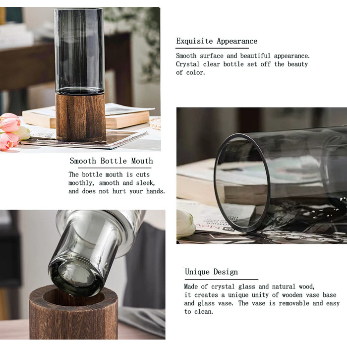 Скляна ваза-циліндр Blumenvase, сучасна, ручної роботи, прозора, з дерев'яною основою, для квітів і рослин, декор для дому та офісу, подарунок на весілля чи новосілля, 31 см, сіра