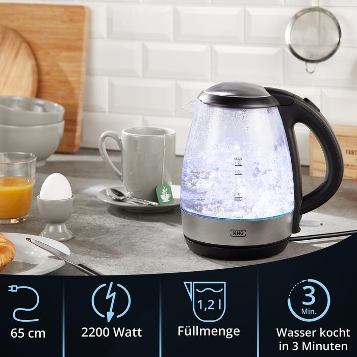 Електрочайник KHG WK-121GES скляний з LED підсвіткою, 1,2 л, захист від накипу, індикатор рівня води, кнопка відкриття, захист від перегріву, автоматичне вимкнення, прихований нагрівач, BPA Free, 2200 Вт