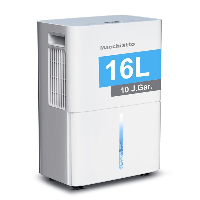 Повітряний осушувач Macchiatto Elektrischer Kompakt 16л для приміщень до 80м³ (32м²) з автоматичним режимом та колесами