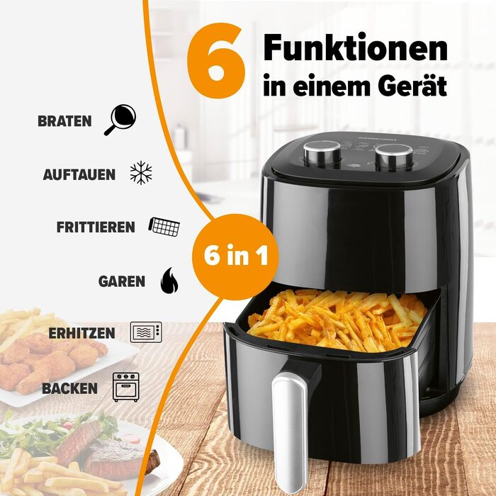Аерофритюрниця GOURMETmaxx 3,1 л, потужність 1350 Вт, 6 функцій (включаючи розморожування та підігрів), таймер на 60 хвилин, енергоощадна безмасляна фритюрниця