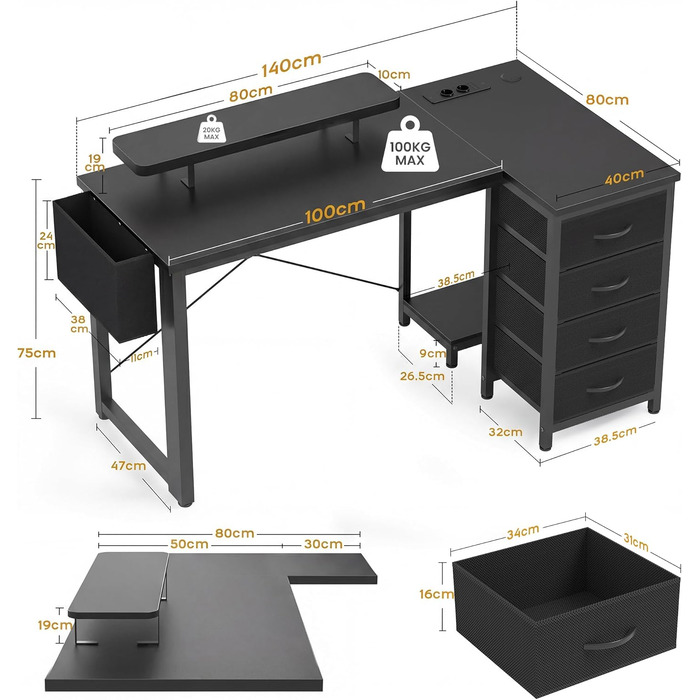 Кутовий письмовий стіл Claiks з 4 тканинними висувними ящиками, 140x80 см, з USB-зарядом та розеткою, чорний