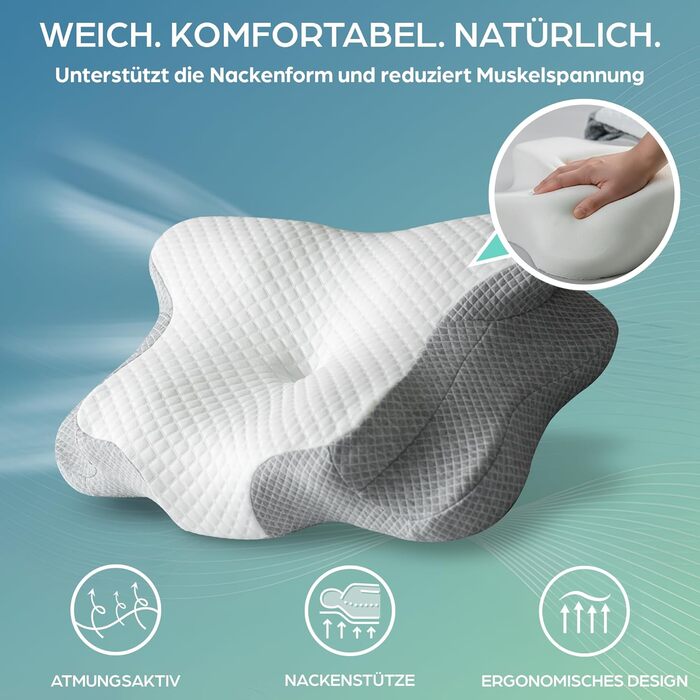 Ортопедична подушка Flowen з Memory Foam для підтримки шиї. Зручна для сну, допомагає при болях у шиї та запобігає хропінню. Матеріал: Memory Foam, поліестер.