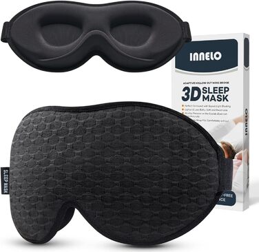 INNELO 3D маска для сну для чоловіків і жінок, чорна, з ергономічною формою, глибокими очними поглибленнями, підвищеним носовим упором, повне блокування світла, меморі фоам, дихаюча, для подорожей