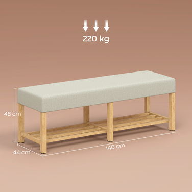 Взуттєва шафа 140 см з масиву дерева, сучасна шафа для передпокою з м'яким сидінням на двох осіб, натуральне дерево та кремово-білий колір