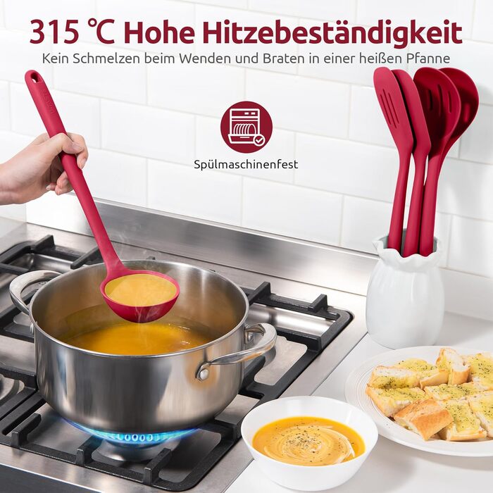 Набір кухонних аксесуарів U-Taste з силікону (5 шт.), стійкий до 315°C, BPA-free, антипригарний, для приготування, перемішування, подачі їжі (червоний)